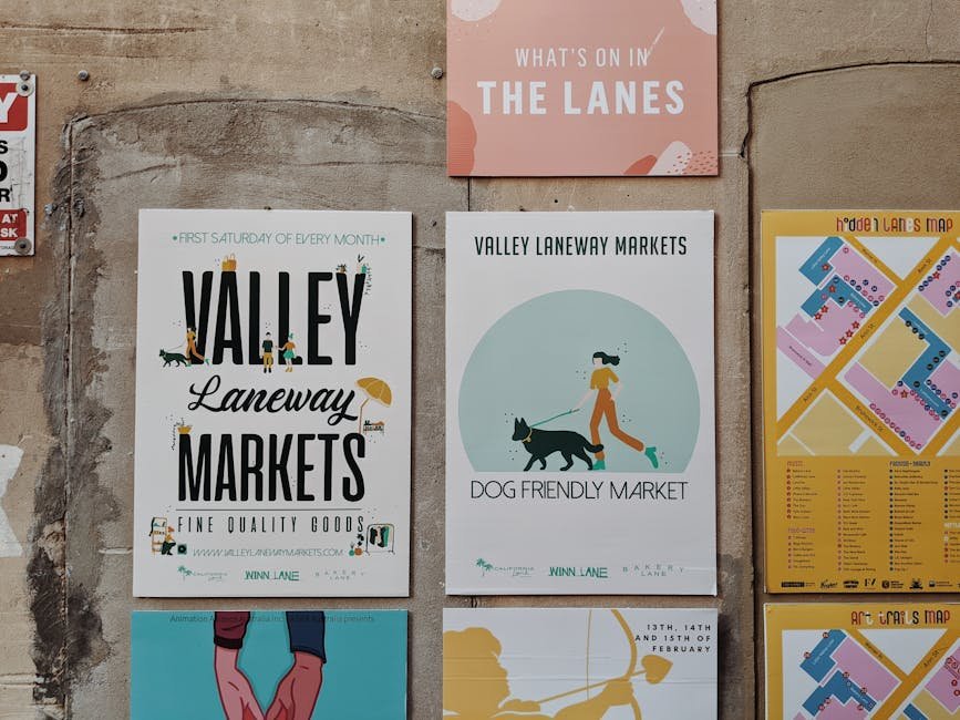 Promotional posters for Valley Laneway Markets in Brisbane showcasing event details and vibrant illustrations.